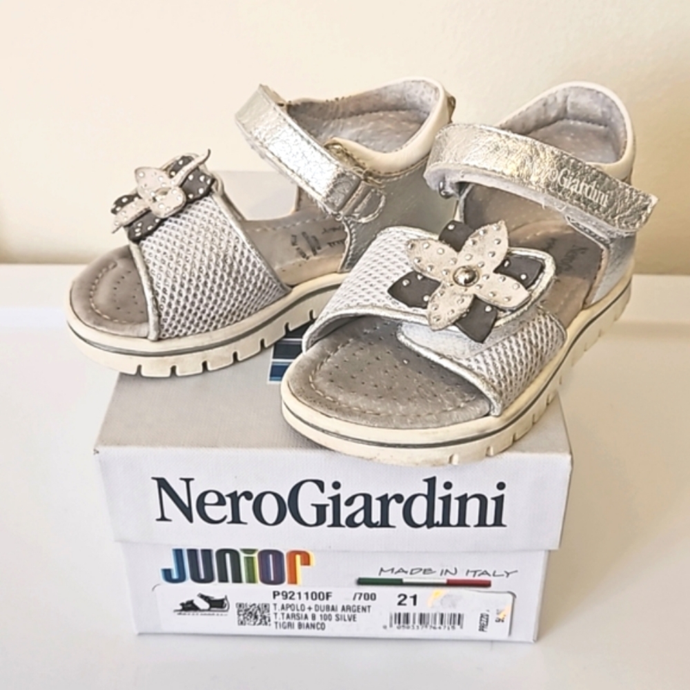 Nero Giardini Junior Silver Leather Sandals Size 21 EU / 5.5 US
